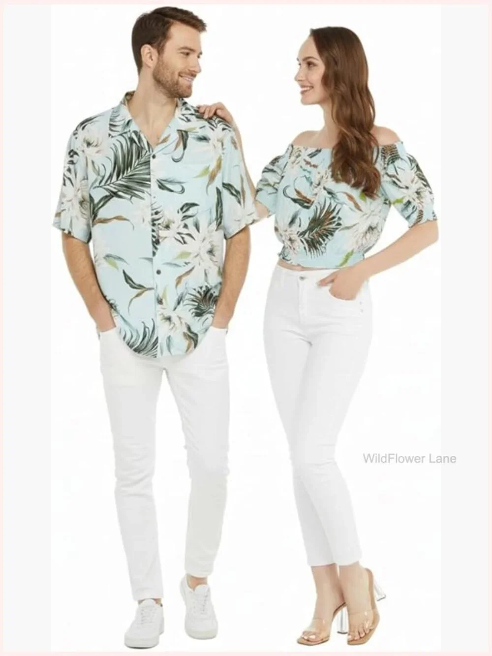 Couple Matching Set - Men's Shirt & Women's Off-Shoulder Top - Floral Print -